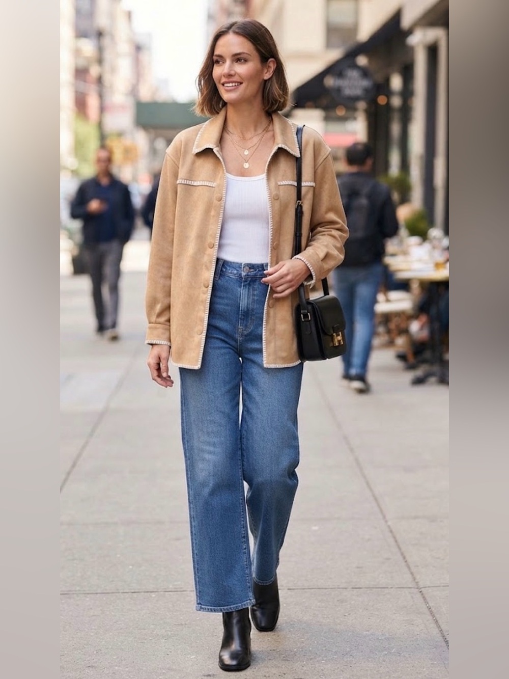 ELLEN TRACY Tan/Camel Faux Suede Contrast-Trim Shacket